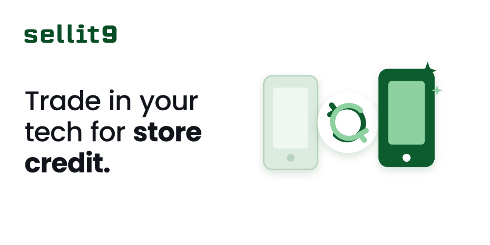 Promotional graphic for sellit9 stating 'Trade in your tech for store credit.' with simple illustrated smartphones and a circular exchange icon on a white background.